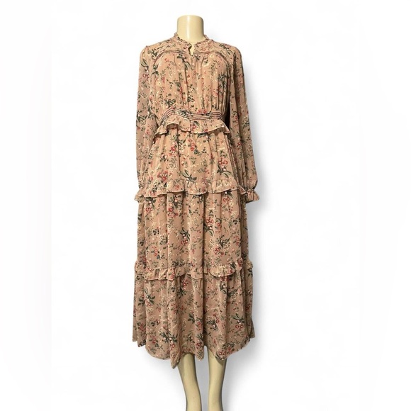 fab'rik Floral Beige Long Sleeve Maxi Dress - Picture 1 of 4